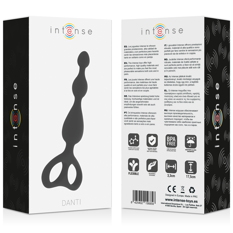 Black silicone anal beads with three graduated bulbs and finger loop handle on white box packaging.