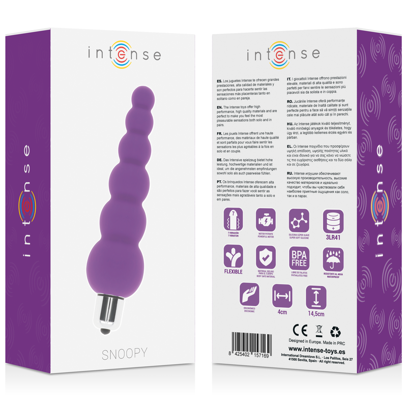 Lilac silicone vibrator with seven graduated beads and metallic silver base on white box packaging.