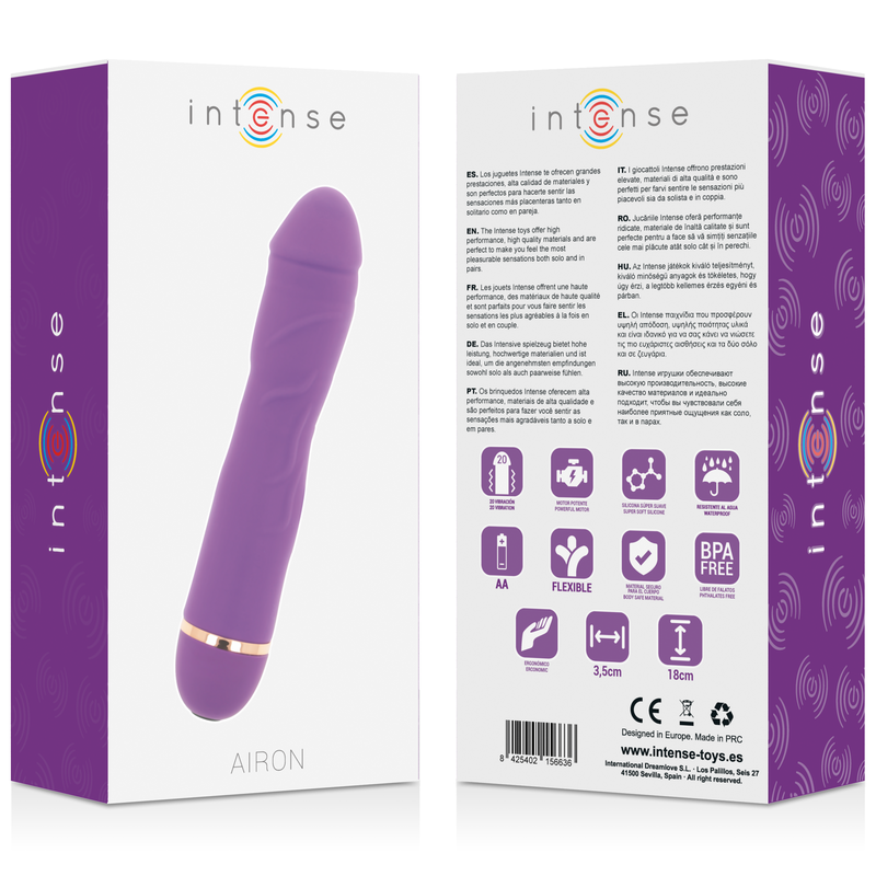 Lilac silicone vibrator with curved tip and gold accent ring on a white box with product info and icons.