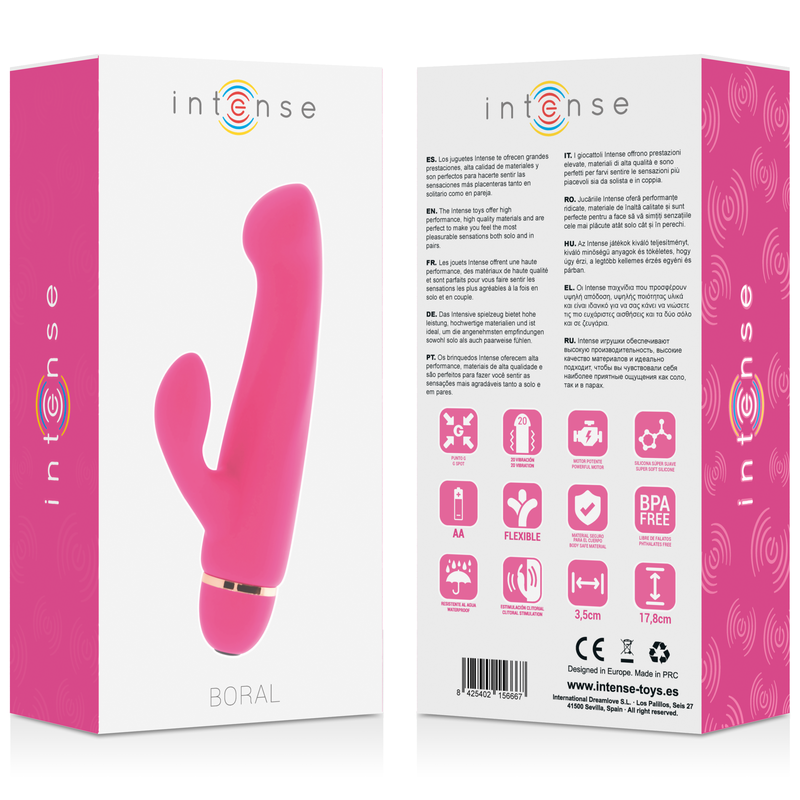 Pink silicone dual-motor vibrator with curved shaft and flexible clitoral arm, packaged in white box with pink sides and.