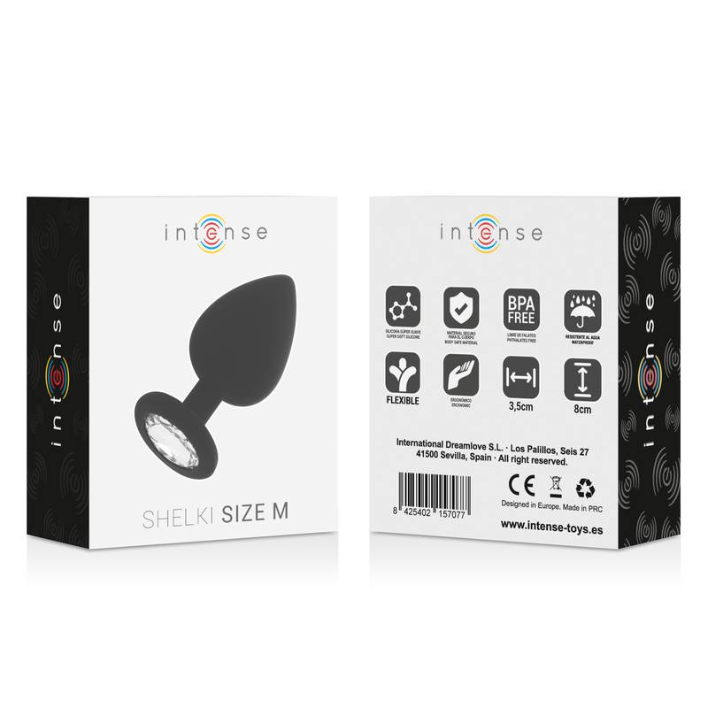 Black silicone anal plug with tapered tip and flared base, size medium, shown with white packaging displaying Intense.