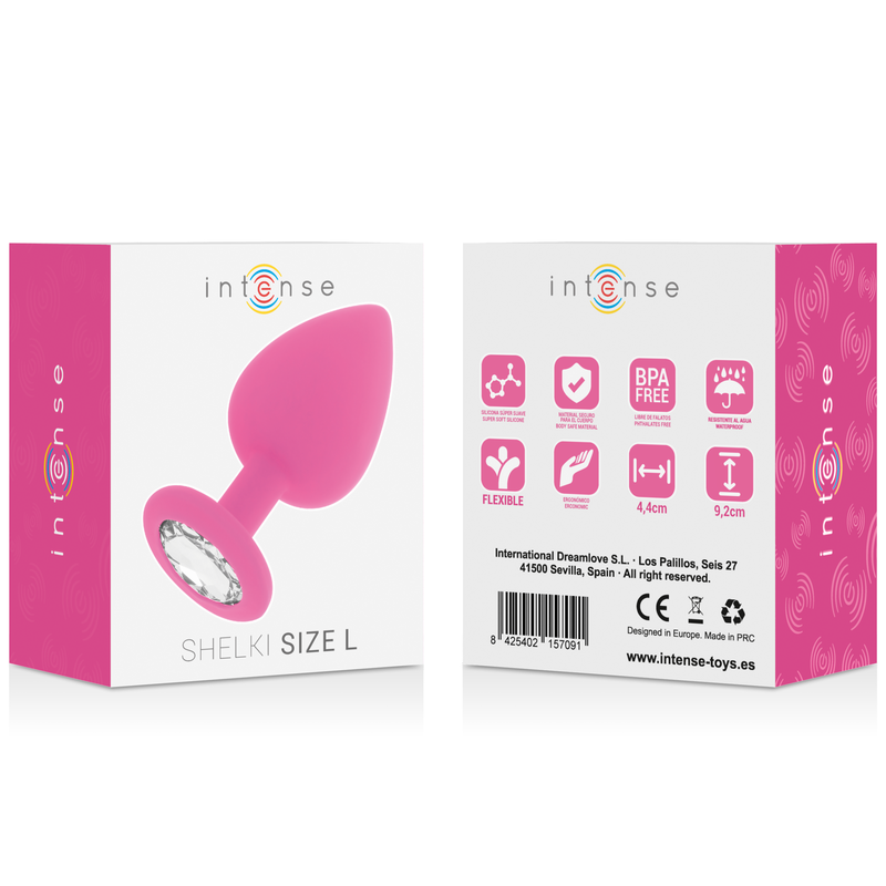 Fuchsia silicone large anal plug with jeweled base, shown with front and back packaging.