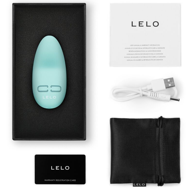 Aqua green LELO Lily 3 personal massager with USB charging cable, black storage pouch, and instruction card in black box.