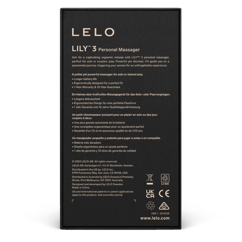 LELO Lily 3 Personal Massager box in black with gold text detailing product features.