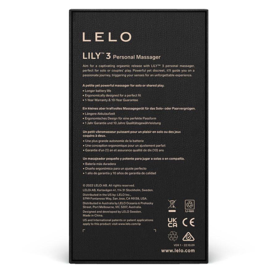 LELO Lily 3 Personal Massager lilac packaging box with product details and logo on black background.