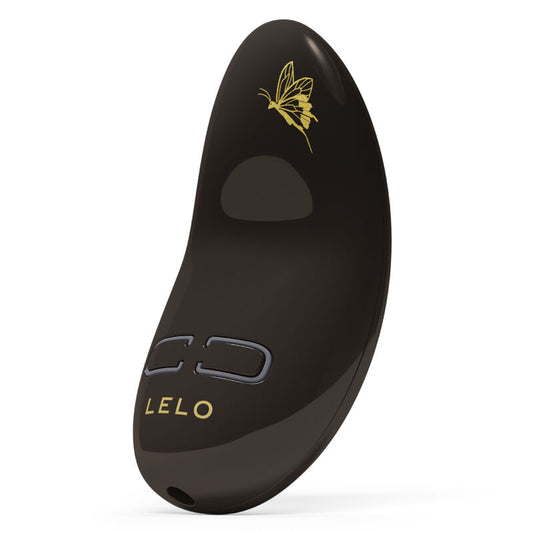 Black ergonomic personal massager with gold butterfly design and LELO logo in gold and silver buttons.