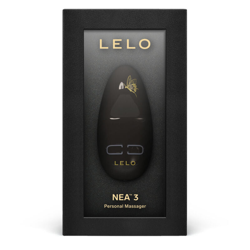 Black LELO NEA 3 personal massager with gold accents in a black rectangular box.