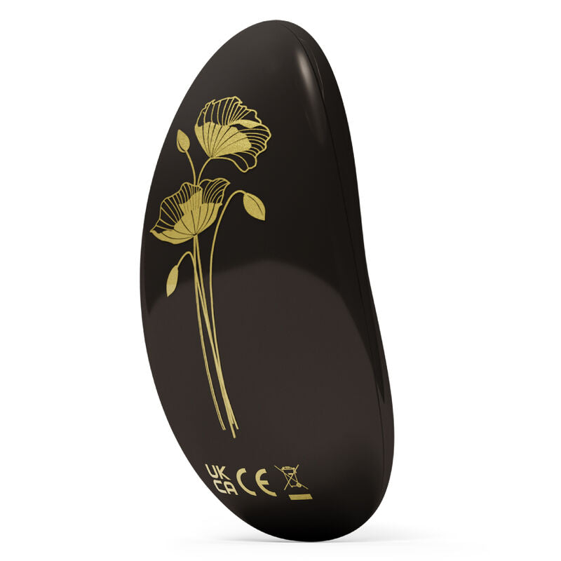 Black ergonomic personal massager with gold floral design and smooth matte finish.