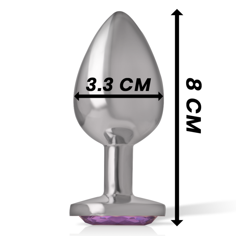 Silver aluminum anal plug with violet crystal base, 8 cm height, 3.3 cm width.