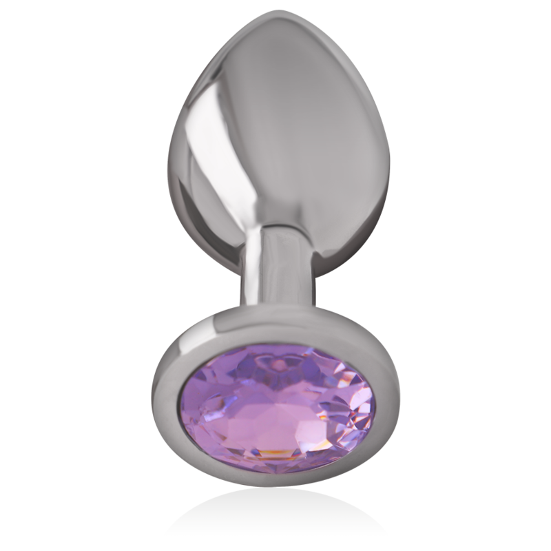 Polished silver aluminum anal plug with violet crystal base, teardrop shape, size large.
