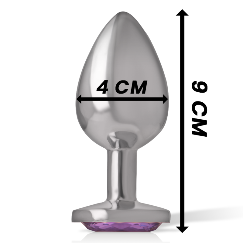 Large aluminum metal anal plug with smooth, polished surface and violet crystal base, 9 cm tall by 4 cm wide.
