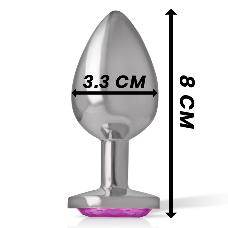 Medium-sized silver aluminum anal plug with a pink crystal base, 8cm tall and 3.3cm wide.