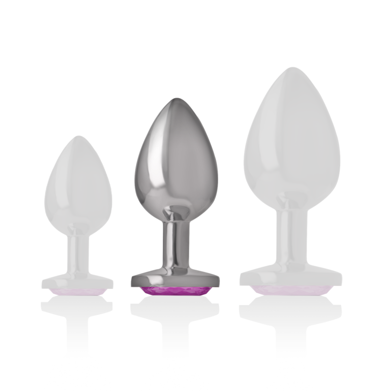 Medium-sized polished aluminum anal plug with a pink crystal base, tapered shape.