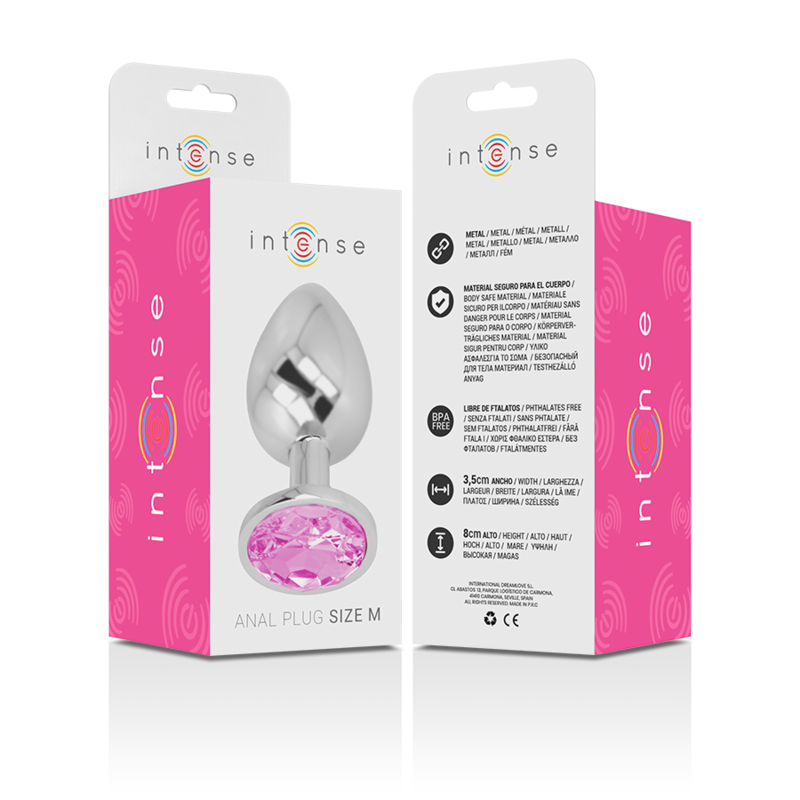 Aluminum metal anal plug size M with pink crystal base in pink and white retail box.