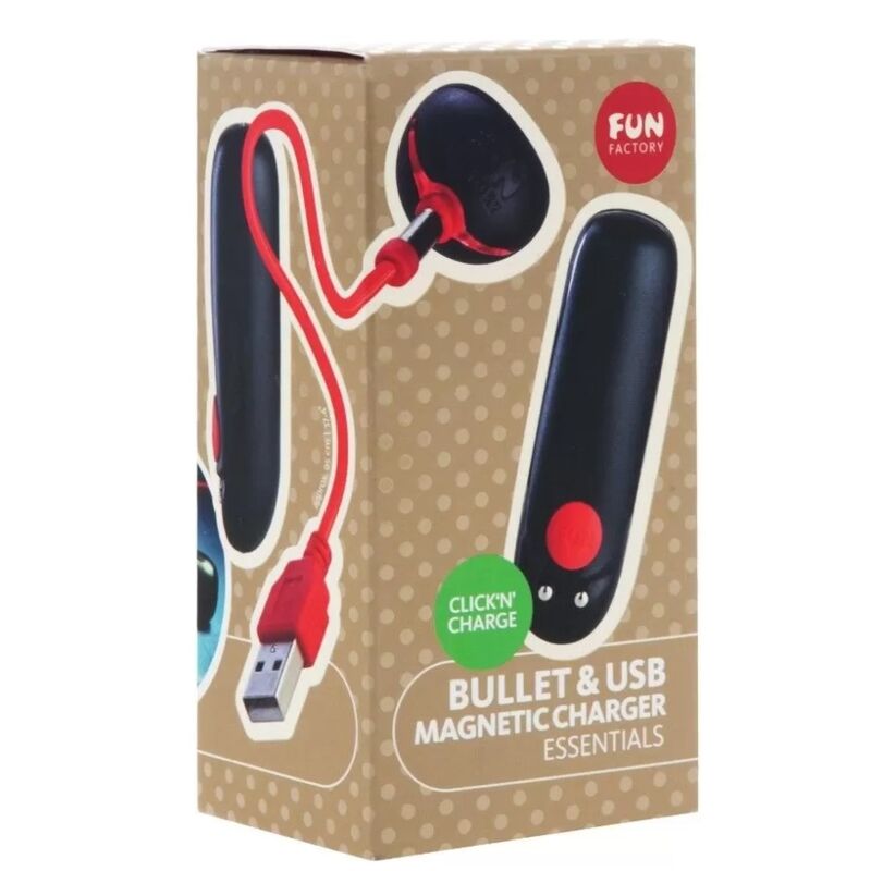 Black bullet vibrator with red button and magnetic USB charging cable on beige packaging with polka dots.