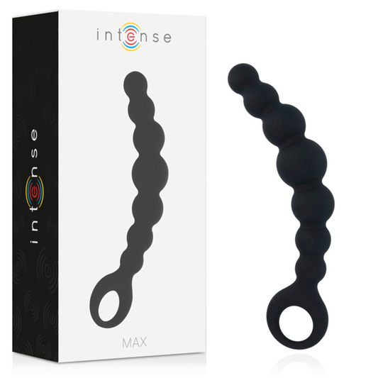 Black silicone anal beads with graduated spheres and a loop handle, displayed next to white packaging with colorful.