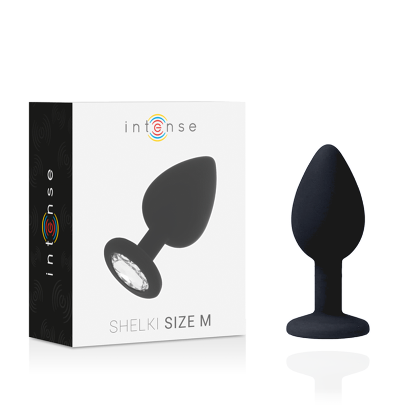 Black silicone medium-sized anal plug with tapered tip and flared base next to white and black product box with colorful.