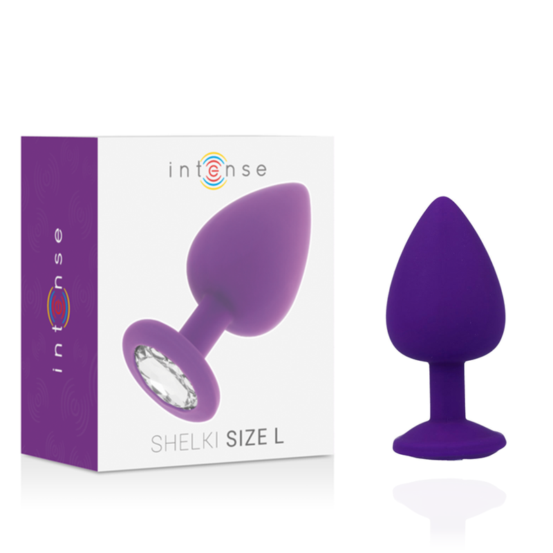 Lilac silicone anal plug with jeweled base, tapered shape, and flat sturdy stand.
