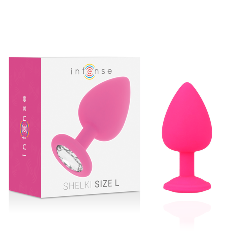 Fuchsia silicone anal plug with tapered tip and jeweled base, next to white box with colorful logo and product name.
