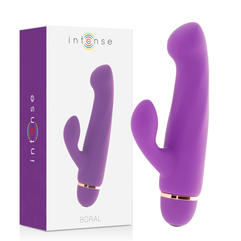 Lilac silicone vibrator with curved tip and clitoral stimulator, gold accent base.