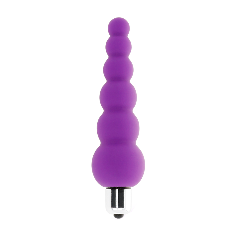 Lilac silicone vibrator with seven graduated rounded beads and a metallic silver base.