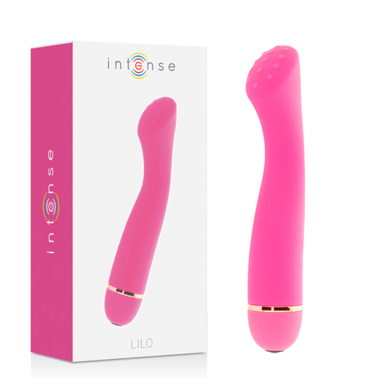 Pink silicone vibrator with curved tip and gold accent base beside white and pink product box labeled Intense Lilo.