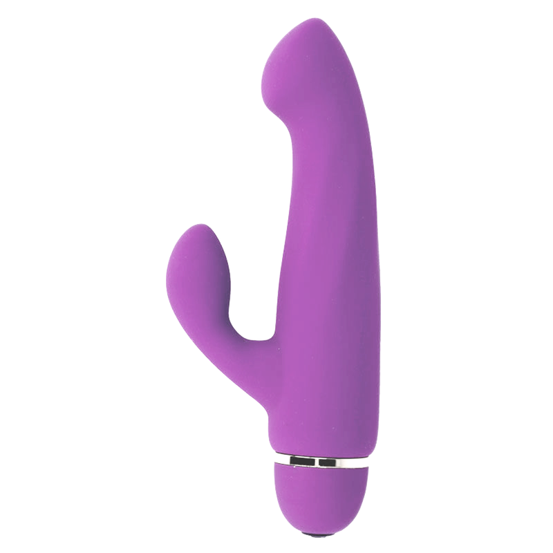 Lilac silicone dual-stimulation vibrator with curved tip and silver accent ring.