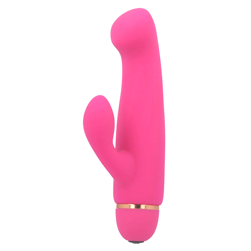 Pink silicone dual-stimulation vibrator with curved tip and gold accent ring at base.