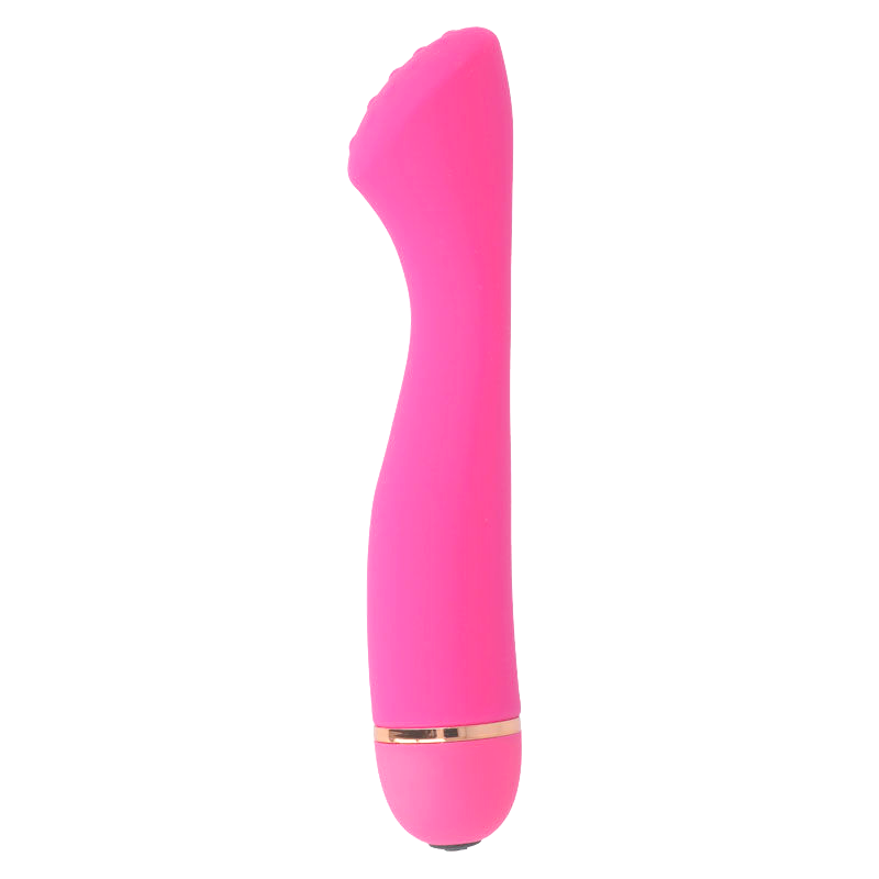 Pink silicone vibrator with curved tip and gold accent band near base.