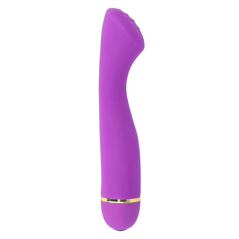 Lilac silicone vibrator with curved tip and gold accent ring, smooth matte finish.