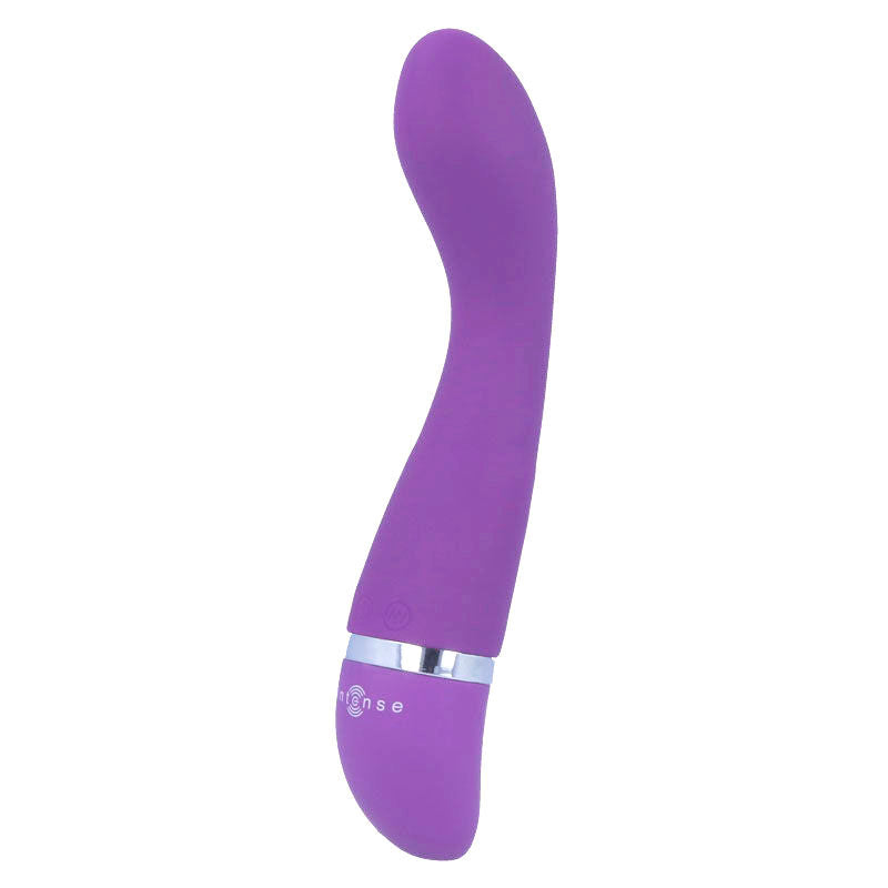 Lilac silicone vibrator with curved tip and silver accent ring near base.