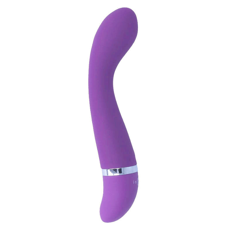 Lilac silicone curved vibrator with silver accent band and ergonomic shape.