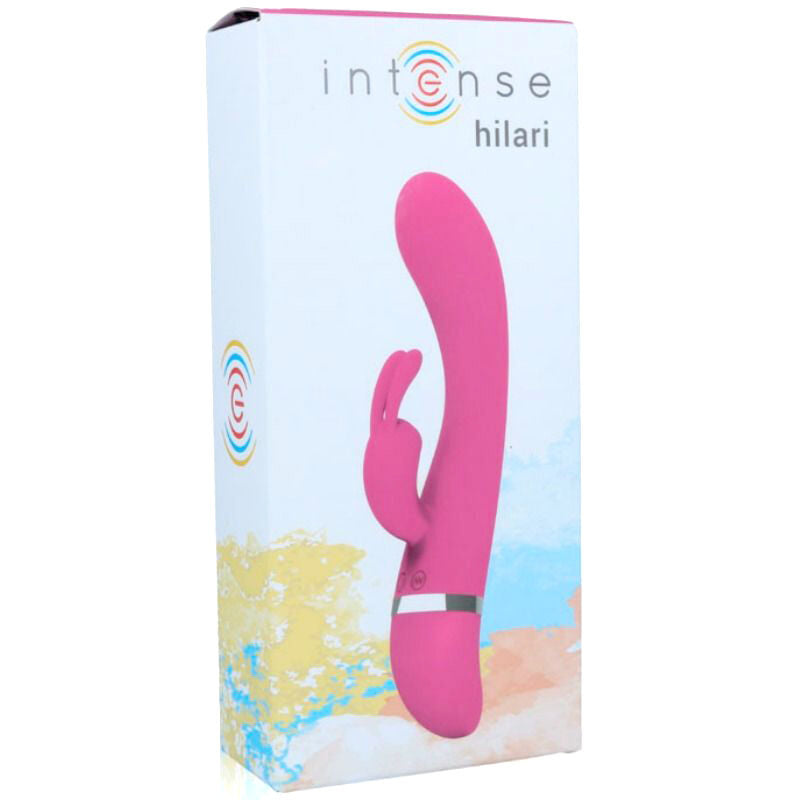 Pink silicone vibrator with curved shaft and smaller clitoral stimulator in white and silver accented packaging.