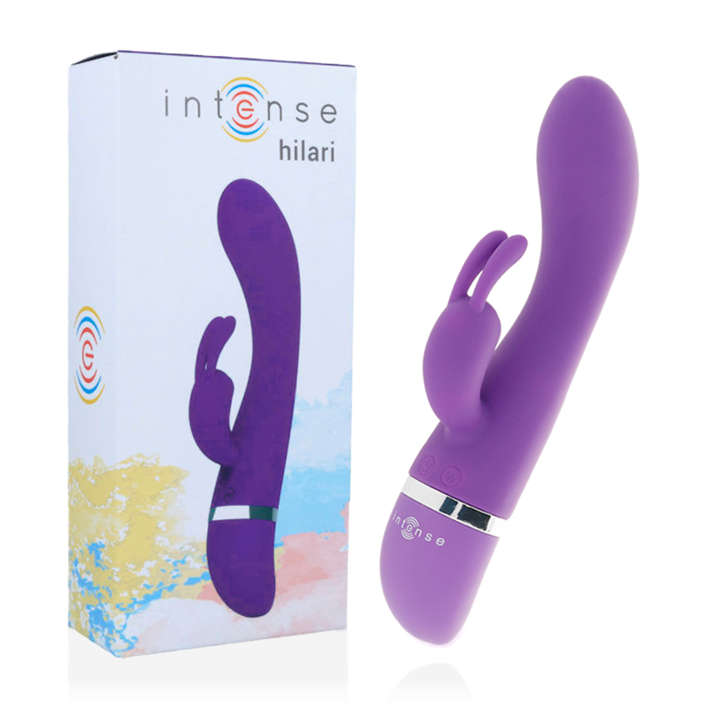 Lilac silicone luxe vibrator with curved shaft and dual bunny ears, next to white packaging box.