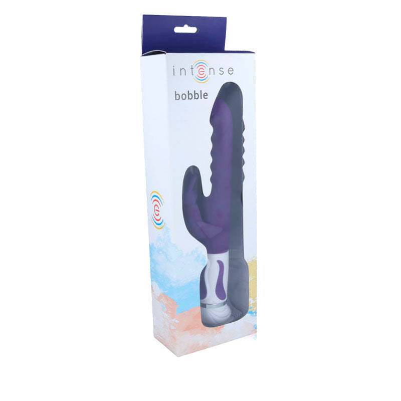 Lilac silicone bobble vibrator rotator with textured shaft in clear packaging.