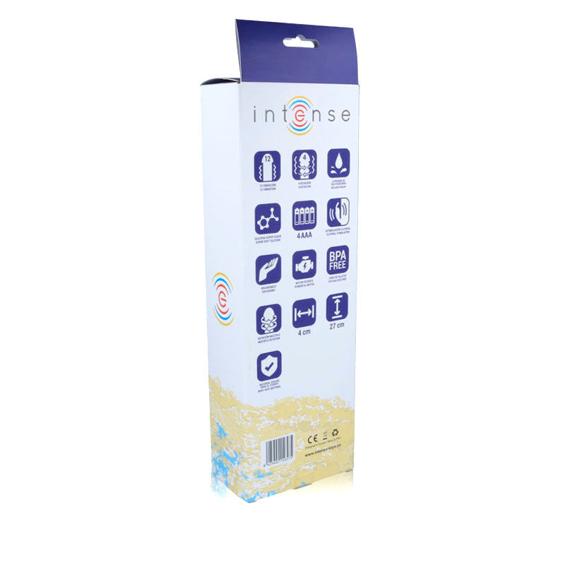 Purple and white packaging box for Intense Bobble Vibrator Rotator Lilac Silicone with product icons and branding.