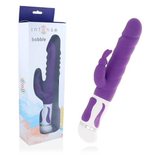 Lilac silicone vibrator with ribbed shaft and rotating bobble, white and purple handle with control buttons.