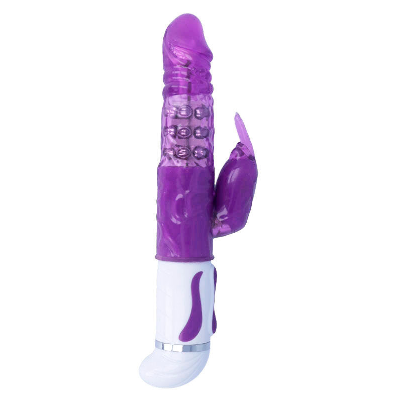 Lilac-colored rotating vibrator with textured shaft and small clitoral stimulator, white base with purple accents.