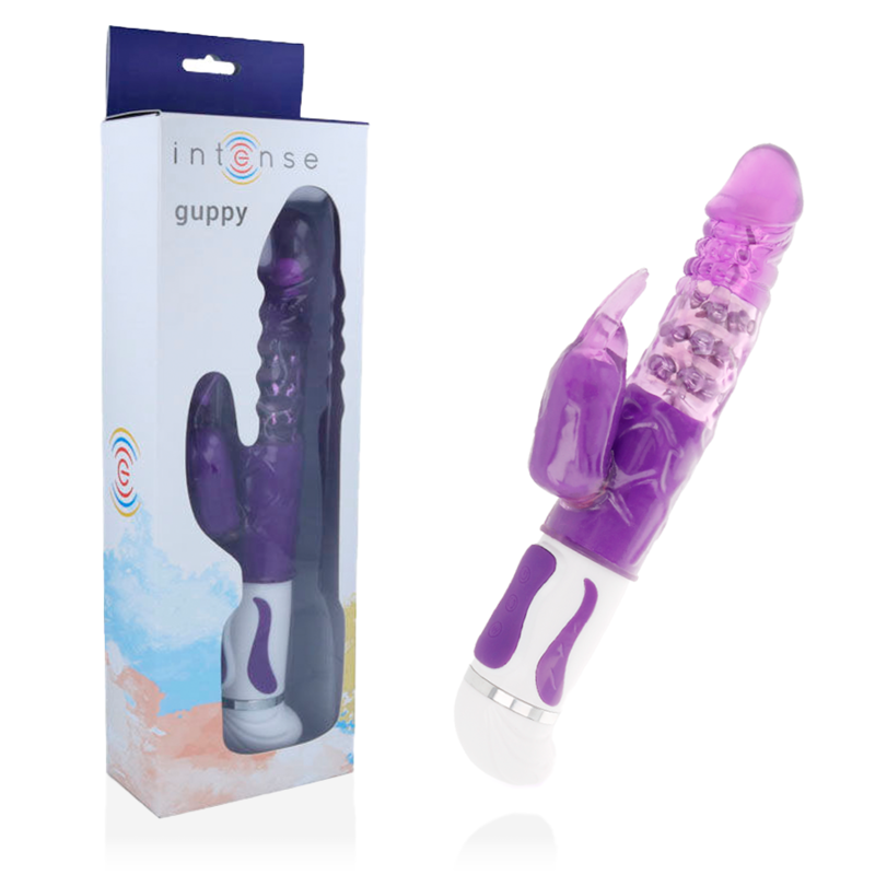 Purple dual-action vibrator with rotating beads and textured shaft, white and purple handle controls.