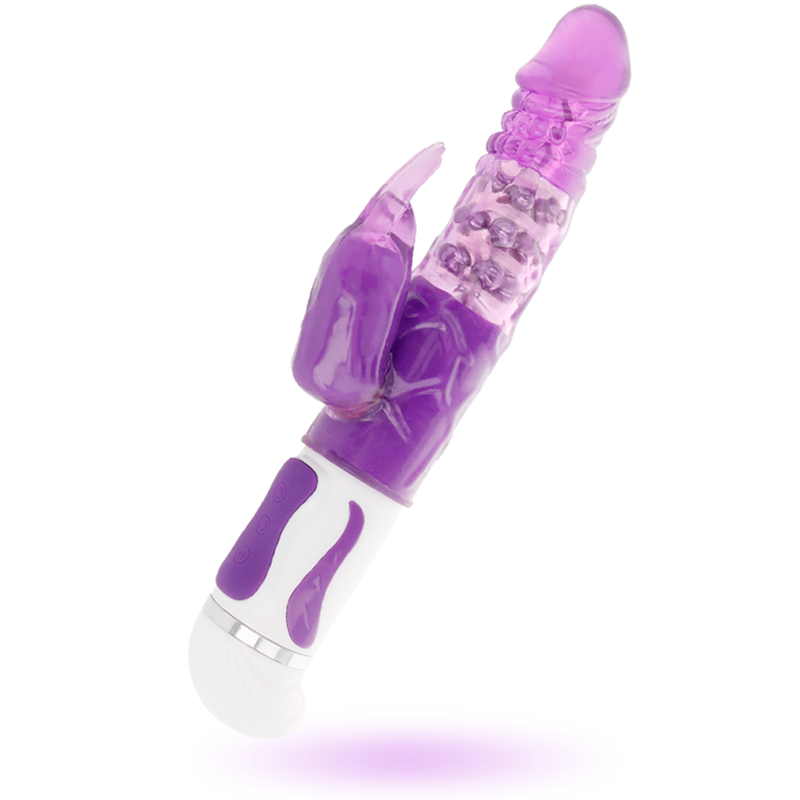 Purple dual-action vibrator with rotating bead chamber and white handle with purple accents.