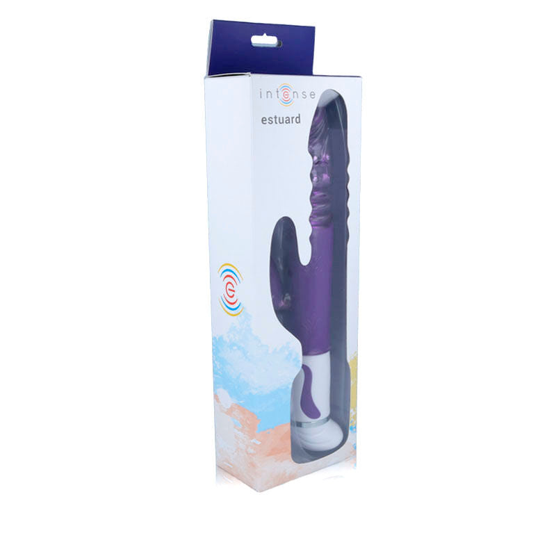 Lilac dual-stimulation vibrator with rotating textured shaft and smooth handle, packaged in a white box with blue top.