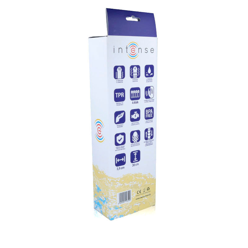 Tall rectangular box packaging for Intense Estuard Up&Down Rotator Vibrator in lilac, with blue and white design and icons.