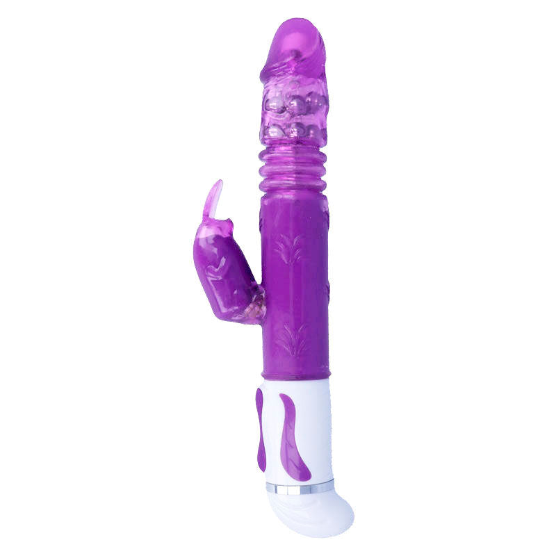 Lilac silicone vibrator with rotating ridges, curved tip, and rabbit-style clitoral stimulator.