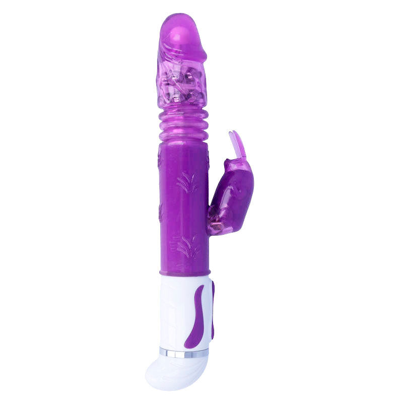 Lilac rotating vibrator with textured shaft and clitoral stimulator, white base with control dial.