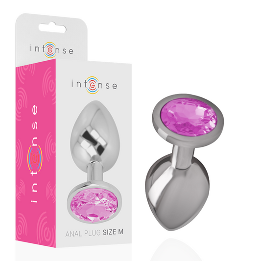 Medium-sized silver aluminum anal plug with large pink faceted crystal base and branded packaging.