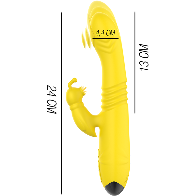 Yellow multifunction vibrator with curved tip, ribbed shaft, and clitoral stimulator with small appendage, 24 cm long.