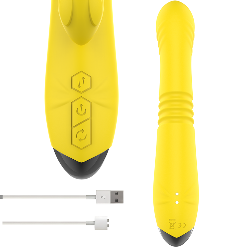 Yellow multifunction vibrator with clitoral stimulator, textured shaft, and USB charging cable.
