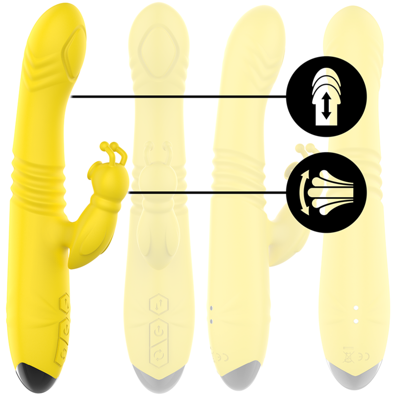 Yellow multifunction vibrator with curved shaft and rabbit-shaped clitoral stimulator.