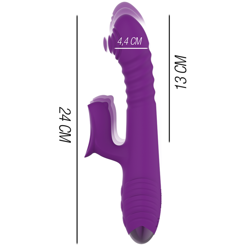 Purple multifunction rechargeable vibrator with up-down motion and clitoral stimulator, ergonomic shape.