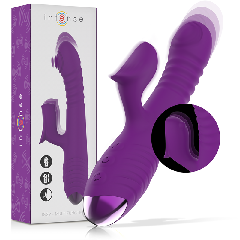 Purple multifunction rechargeable vibrator with textured shaft and curved clitoral stimulator.